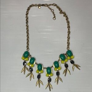 J CREW statement necklace/ green and yellow beads/ smoky gray rhinestones
